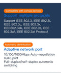 Specifications and features for Industrial PoE Gigabit Ethernet Switch with Five Ports, Plug and Play, showing compatibility and power input details.