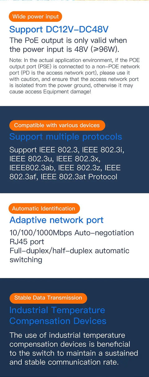 Specifications and features for Industrial PoE Gigabit Ethernet Switch with Five Ports, Plug and Play, showing compatibility and power input details.