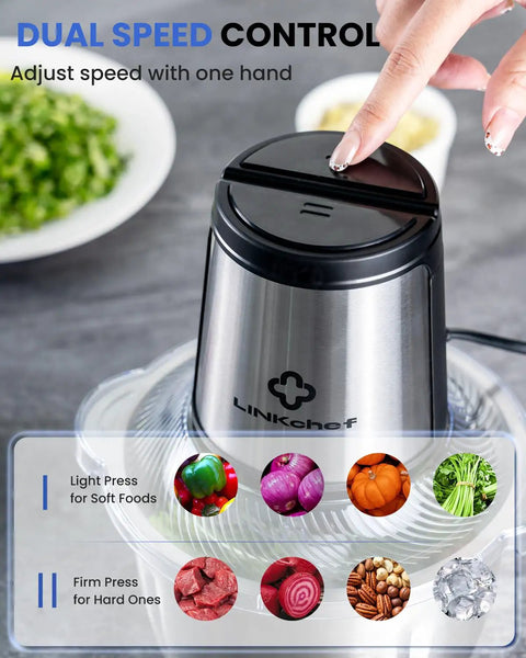 User adjusting speed on 6 Cup Mini Food Processor Chopper With 250W Motor And Stainless Steel Blades Plus Meat Grinder Attachment.