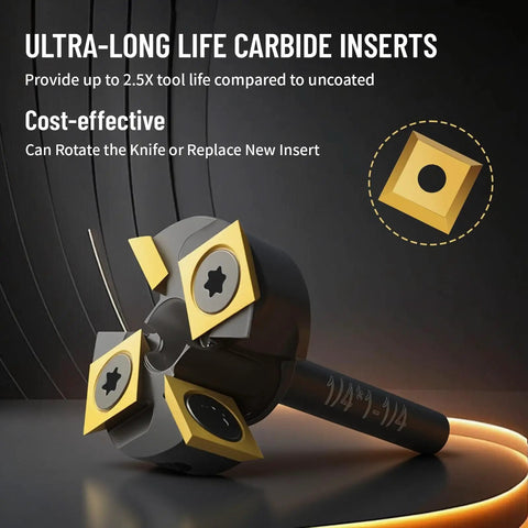 Heavy Duty Slab Flattening Router Bit With One Quarter Inch Shank One And One Quarter Inch Cutting Diameter Two Plus Two Pro Grade Titanium Coated Flutes Carbide Inserts