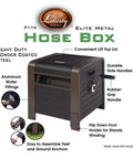Beefy 200 Foot Hose Storage Box With Internal Poly-Resin Reel and No-Leak Connections, shown with labeled parts
