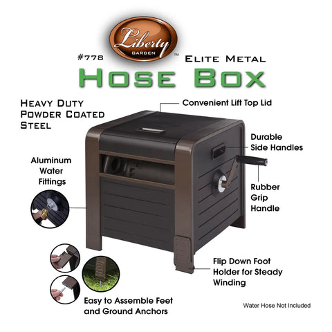 Beefy 200 Foot Hose Storage Box With Internal Poly-Resin Reel and No-Leak Connections, shown with labeled parts