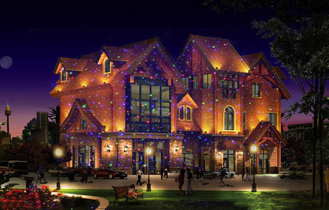 Large house illuminated by Remote Controllable RGB Firefly Laser Outdoor Garden Light Projector With Moving Dots at night.