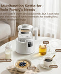 No Fuss Baby Bottle Warmer And Electric Kettle Featuring Ridiculously Fast Cool Down Fan Six Custom Temp Presets With Bright Lcd Screen on kitchen table with tea, coffee, and formula milk.