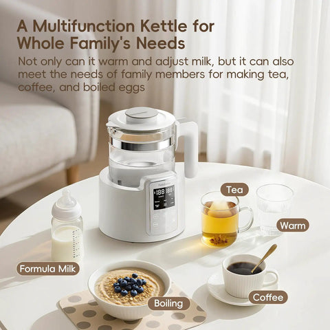 No Fuss Baby Bottle Warmer And Electric Kettle Featuring Ridiculously Fast Cool Down Fan Six Custom Temp Presets With Bright Lcd Screen on kitchen table with tea, coffee, and formula milk.