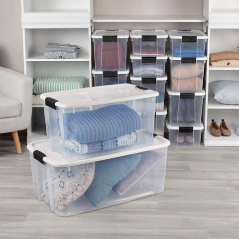 Ultra Latch 70 Quart Storage Bins With Lids 4 Pack For Home Office Garage Heavy Duty Plastic Tote Organizer Set Stackable Clear Containers For Long Lasting Organization In Closets Attics Moving And Seasonal Storage