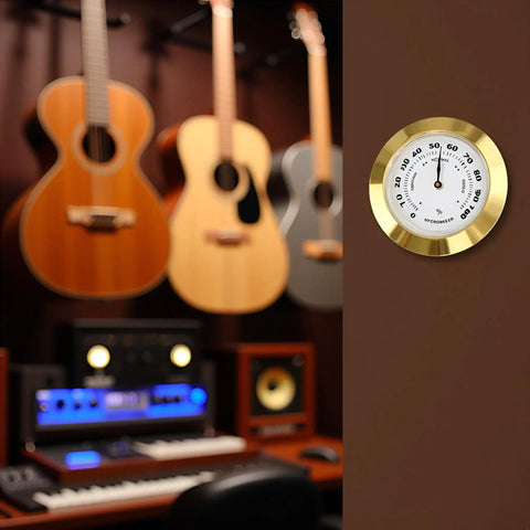 38mm Round Glass Analog Hygrometer With Probe For Humidors Guitars And Violins Mini Humidity Meter Must Have For Accurate Readings And Moisture Monitoring Of Instruments And Other Moisture Sensitive Gear on wall near guitars