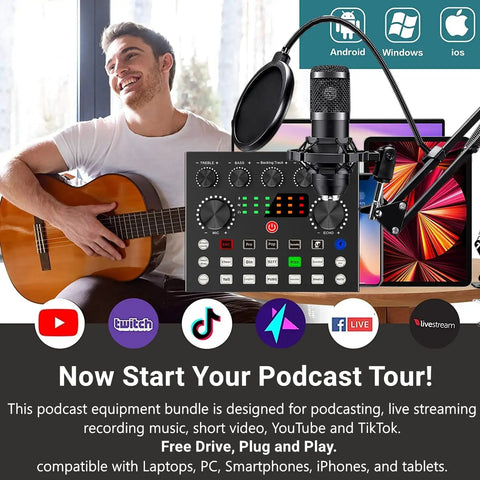 Podcast Gear Bundle With BM800 Microphone And V8S Voice Changer for podcasting with guitar, pop filter, and control board on desk