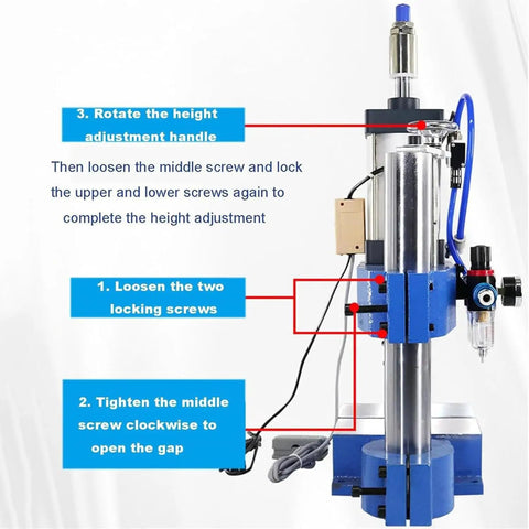 Rock Solid Desktop Pneumatic Punch Press Machine Featuring Adjustable Cylinder Stroke And Dual Safety Buttons For Hassle Free Wood Metal Crafting On Garage Workbenches And Small Shop Floors