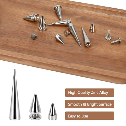 100 Piece Zinc Alloy Spikes And Studs Kit With Screw Back Rivets In Assorted Silver Metallic Finishes For Leather Crafting, showing assorted spikes.