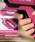 Close-up of pink 4V Cordless USB Rechargeable Screwdriver Kit with 29 bits, showing double-sided magnetic slots for home repairs