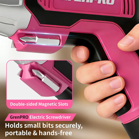 Close-up of pink 4V Cordless USB Rechargeable Screwdriver Kit with 29 bits, showing double-sided magnetic slots for home repairs