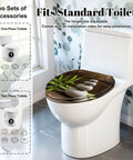 Elongated white zen balance stones bamboo plant wooden table Toilet Seat on a standard toilet, adjustable hinges.