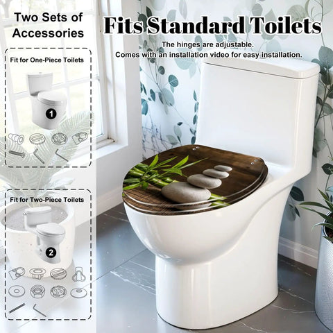 Elongated white zen balance stones bamboo plant wooden table Toilet Seat on a standard toilet, adjustable hinges.