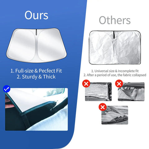 Comparison of Tesla Model 3 Y Sun Shade Upgraded Foldable Front Sunshade with others, showing full-size fit and thick fabric