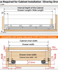 Undermount Soft Close Heavy Duty Drawer Slides For 21 Inch Drawers, 80LB Capacity, Bottom Mount Rails With Copper Hydraulic Buffer And Double Spring System Delivering Quiet, Smooth, Pro Grade Closing For Kitchen Cabinets And Tool Chests For DIYers. installation diagram showing 21 inch drawer and cabinet space requirements