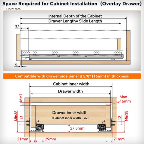 Undermount Soft Close Heavy Duty Drawer Slides For 21 Inch Drawers, 80LB Capacity, Bottom Mount Rails With Copper Hydraulic Buffer And Double Spring System Delivering Quiet, Smooth, Pro Grade Closing For Kitchen Cabinets And Tool Chests For DIYers. installation diagram showing 21 inch drawer and cabinet space requirements