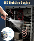 Cordless Air Duster With 310000 RPM Turbo Motor LED Light illuminating a computer case for dusting