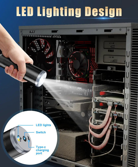 Cordless Air Duster With 310000 RPM Turbo Motor LED Light illuminating a computer case for dusting