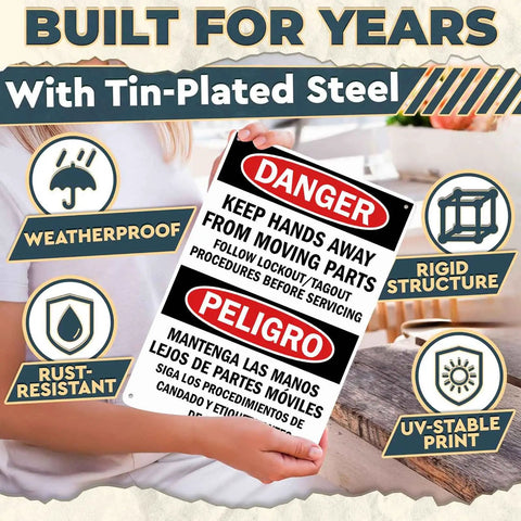 Danger Hands Off Moving Parts Aluminum Sign 8x12 Inches For Workshop Factory Industrial Workplace Machinery Equipment Durable Metal Warning Sign Heavy Duty Grade Aluminum, held upright