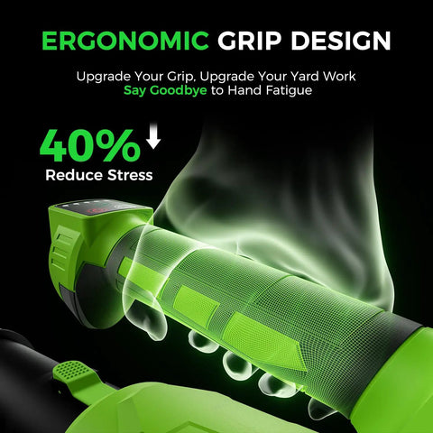 Ergonomic grip of Cordless Leaf Blower With 650 CFM And 180 MPH, Brushless Powerhouse, showcasing stress reduction feature.