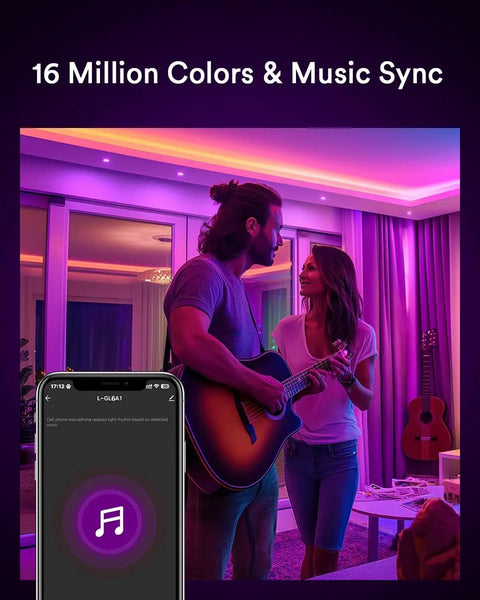 Couple enjoying Lumary Gimbal Smart Recessed Lighting 6 Inch w/Remote, RGBWW WiFi Can Light with vibrant colors while making music.