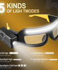 Badass Rechargeable LED Safety Glasses With Dual LED Spot And Flood Lights Five Bright Lighting Modes showcasing 5 light modes.