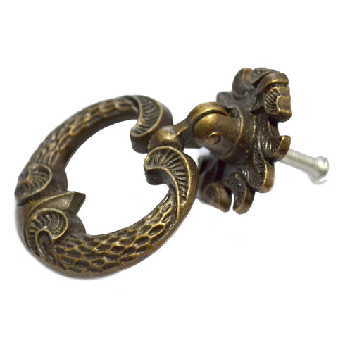 4 Pcs Bronze Drawer Ring Pulls With Screws, Vintage Victorian Floral Pattern Antique Single Hole Handles, front view