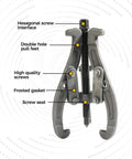 6 Inch Bearing Puller With Three Jaw Gear Design For Cars SUVs And Motorcycles Heavy Duty Wheel Puller With Reversible Claws Automotive Pulley Puller Tool Kit displayed with labeled parts.