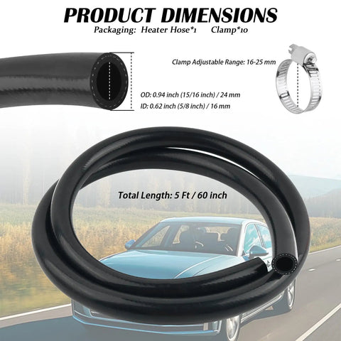 Rugged Five Foot Five Eighth Inch Silicone Car Heater Hose With Ten Clamps ID 16Mm OD 24Mm Coolant Hose For Air And Water Transfer