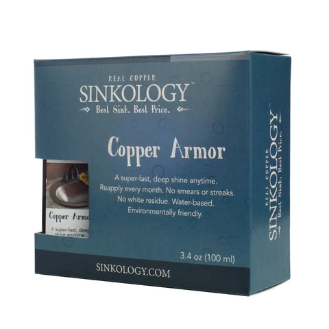 Copper Armor polishing kit packaging for vessel sink maintenance, 3.4 oz bottle shown on box design.