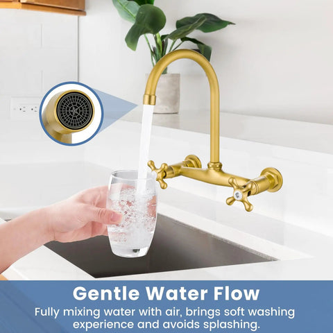 Antique Brass Wall Mount Kitchen Faucet With 8 Inch Center, 360 Degree Swivel Spout in use over sink