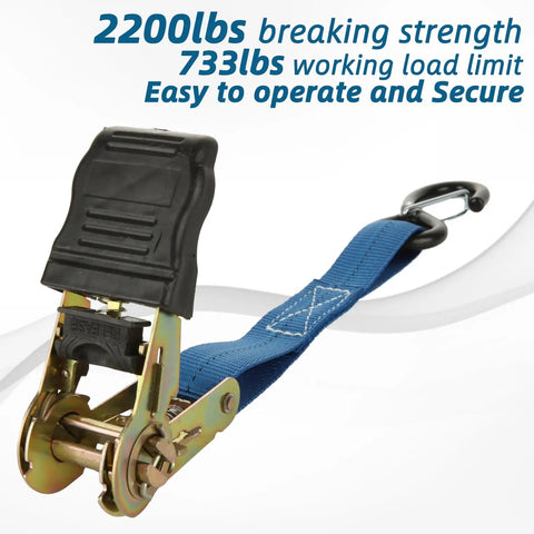 Heavy Duty Ratchet Tie Down Straps 2 Inch By 33 Feet, 10,000 Lbs Break Strength, Double J Hooks, Cargo Lashing Straps For Trailer, Truck, And Farm Equipment, Blue with black handle and metal components.
