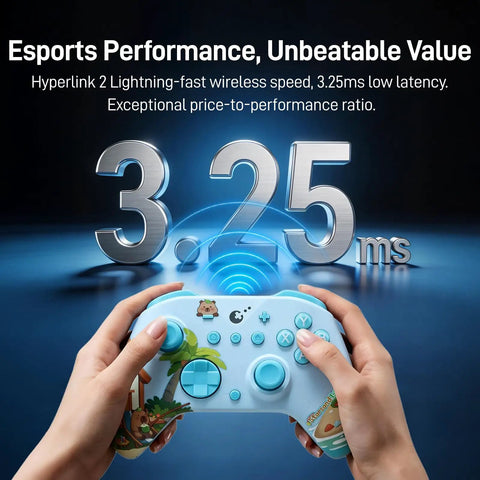 Grab This Limited Edition Starsand Island Collab Wireless Pc Controller Featuring Blazing Fast Three Point Two Five Millisecond Latency Tmr Joysticks For Pro Level Esports Gaming With Cool Light Blue Gradient Shell And Adorable Capybara Artwork held in hands showcasing 3.25ms latency.