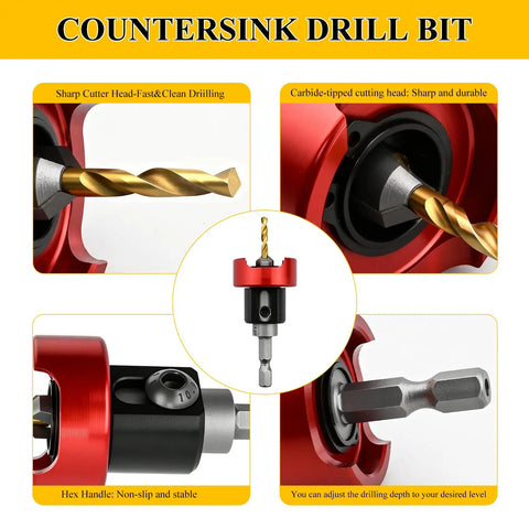 Carbide Tipped 82 Degree Countersink Drill Bit Set With Pro Grade Low Friction Depth Stop, 3/32 Inch Drill Bit, 1/4 Inch Shank