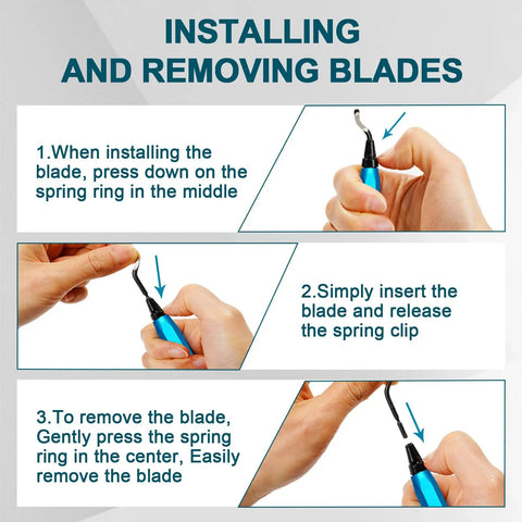 Step-by-step guide for blade installation and removal on 2 Pack Deburring Tool Set With 12 BS1010 HSS Blades And Dual Handles