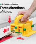 Grr-Ripper GR-100 3D Table Saw Pushblock demonstrating three-directional force control on wood piece, yellow color, single-pack.