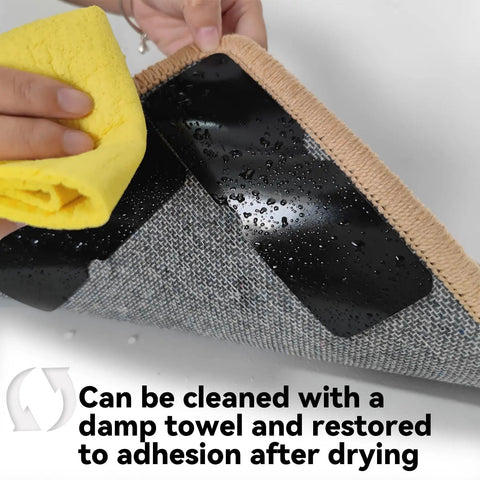 Close-up of Non Slip Rug Tape For Hardwood Floors And Tile Double Sided Adhesive That Keeps Corners Flat Removable Residue Free Reusable 12 Pack For Area Rugs And Runners, being cleaned with a damp towel.