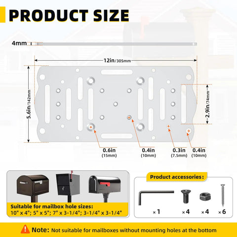 Mailbox Mounting Bracket For Post Mount Mailboxes, Fits 4x4 Wood Or Hollow Posts, White Mounting Plate with dimensions and tools