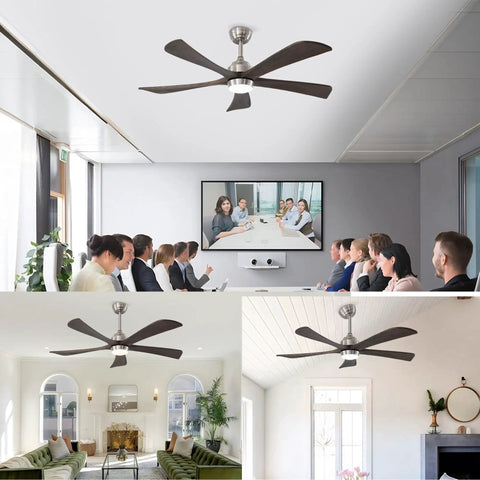 52" 5PCS Solid Wood Blades Ceiling Fan with Lights Remote Control, Nickel, installed in a modern conference and living room.