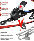 Heavy Duty Self Retracting Ratchet Tie Downs One Inch By Ten Foot 4 Pack 1650 Lb showing retractable mechanism and polyester webbing.
