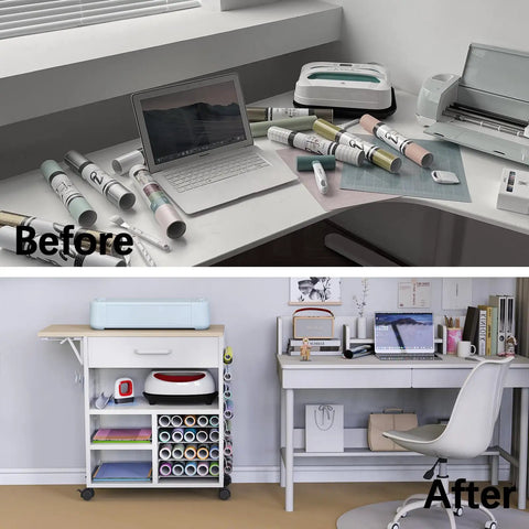 Heavy Duty Craft Cart With Adjustable Shelves And Large Drawers For Cricut And Vinyl Scrapbooking Before and After Use