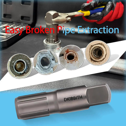 Six Piece Heavy Duty Pipe Extractor Set For Removing Damaged Threaded Pipes And Fittings From One Eighth Inch To One Inch shown in use for pipe extraction.