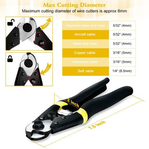 Beefy Heavy Duty Wire Rope Cutter Pliers 7.5 Inch Stainless Steel Aircraft Grade Blade with cutting capacity chart.