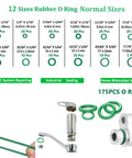 Auto AC Seal Kit 275 Piece O Ring And Gasket Set sizes chart and green rubber rings for various sealing uses