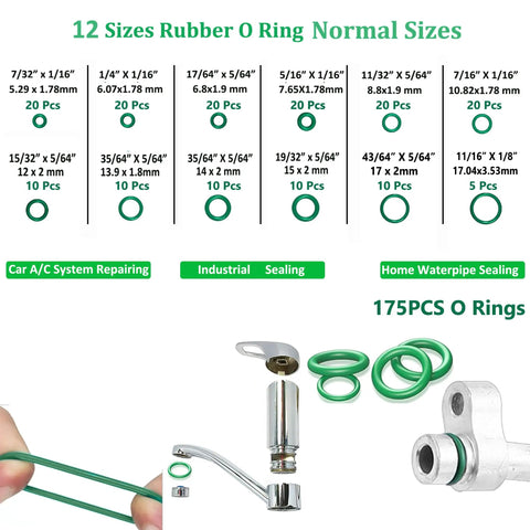 Auto AC Seal Kit 275 Piece O Ring And Gasket Set sizes chart and green rubber rings for various sealing uses