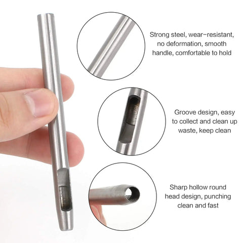 Close-up of hollow steel punch from 15 Piece Leather Hole Punch Kit With Hollow Steel Punches For Belts, Watch Straps, Canvas, Paper And Plastics.