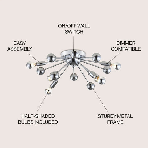 Chrome 20 Inch 7 Light Sputnik Flush Mount Ceiling Light Fixture Dope Contemporary Mid Century Style For Living Room Or Bedroom UL Listed LED Bulbs Included Easy Upgrade with labeled features