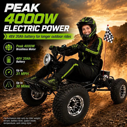48V Electric All Terrain Go Kart With 20Ah Battery And 4000W Peak Brushless Motor Smooth Power Delivery Hitting 31 Mph Shaft Drive outdoor ride