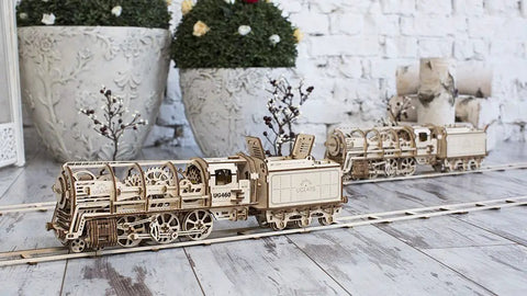 Handcrafted Locomotive With Tender Mechanical 3D Puzzle, Wooden Construction Set For Adults, Realistic Steam Train Build Kit, Perfect Gift For Christmas And Thanksgiving, Great For Craft Lovers, wooden train model on track